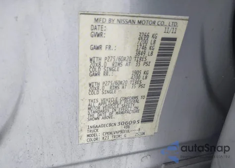 2012 Nissan Titan Sl из США, поврежденный, VIN 1N6AA0EC8CN306095